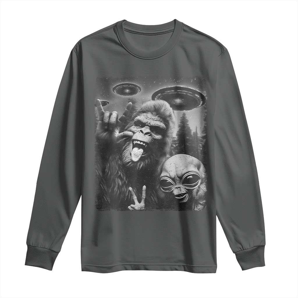 Bigfoot Selfie With Alien Long Sleeve Shirt UFO Funny Sasquatch Rock On Hand Sign TS10 Dark Heather Print Your Wear