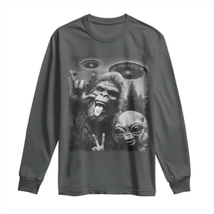 Bigfoot Selfie With Alien Long Sleeve Shirt UFO Funny Sasquatch Rock On Hand Sign TS10 Dark Heather Print Your Wear