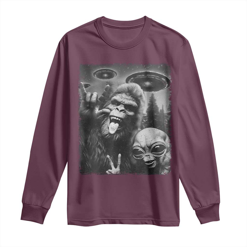 Bigfoot Selfie With Alien Long Sleeve Shirt UFO Funny Sasquatch Rock On Hand Sign TS10 Maroon Print Your Wear