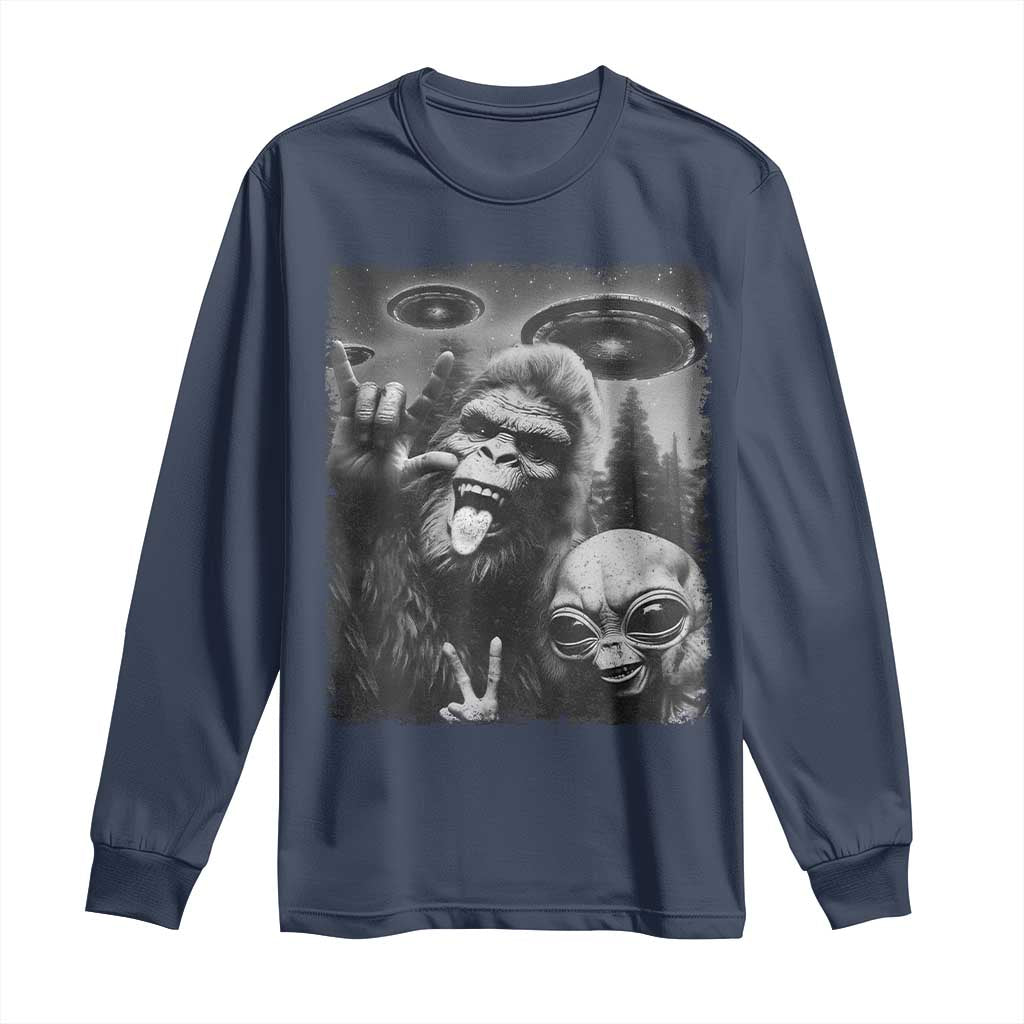Bigfoot Selfie With Alien Long Sleeve Shirt UFO Funny Sasquatch Rock On Hand Sign TS10 Navy Print Your Wear