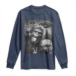Bigfoot Selfie With Alien Long Sleeve Shirt UFO Funny Sasquatch Rock On Hand Sign TS10 Navy Print Your Wear