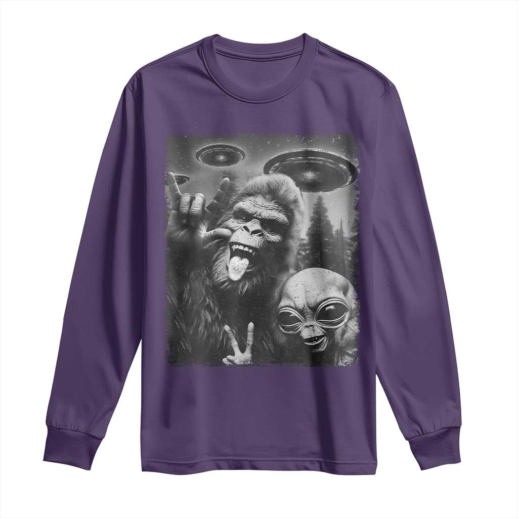 Bigfoot Selfie With Alien Long Sleeve Shirt UFO Funny Sasquatch Rock On Hand Sign TS10 Purple Print Your Wear