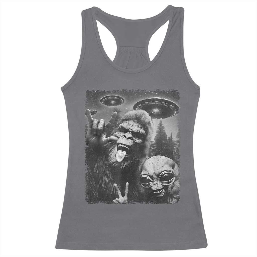 Bigfoot Selfie With Alien Racerback Tank Top UFO Funny Sasquatch Rock On Hand Sign - Print Your Wear