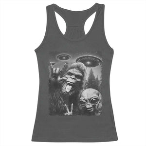 Bigfoot Selfie With Alien Racerback Tank Top UFO Funny Sasquatch Rock On Hand Sign - Print Your Wear