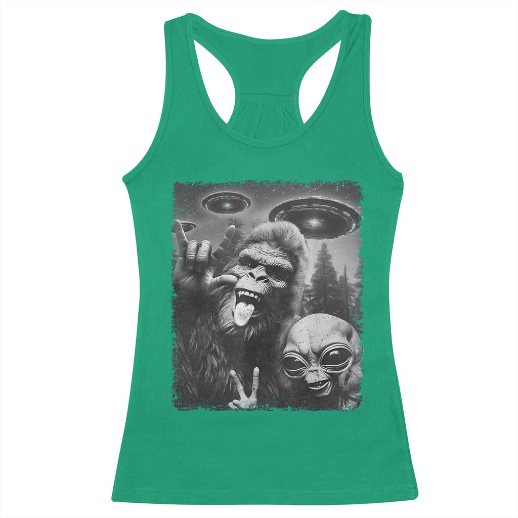 Bigfoot Selfie With Alien Racerback Tank Top UFO Funny Sasquatch Rock On Hand Sign - Print Your Wear