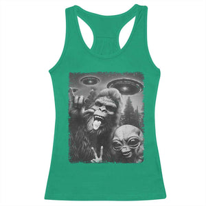 Bigfoot Selfie With Alien Racerback Tank Top UFO Funny Sasquatch Rock On Hand Sign - Print Your Wear