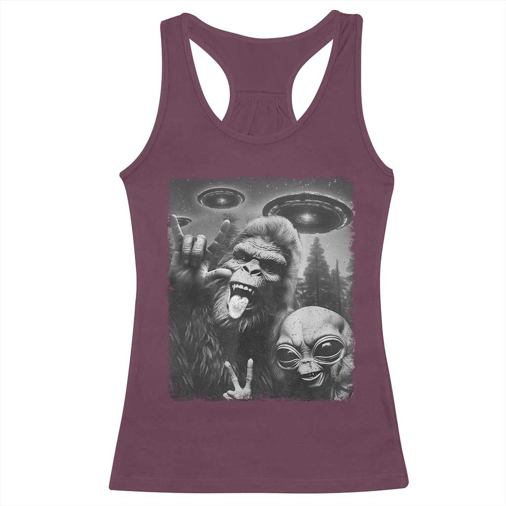 Bigfoot Selfie With Alien Racerback Tank Top UFO Funny Sasquatch Rock On Hand Sign TS10 Maroon Print Your Wear