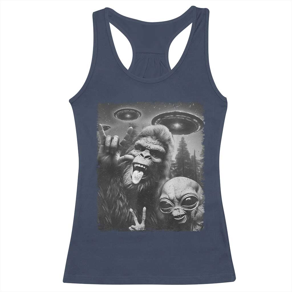 Bigfoot Selfie With Alien Racerback Tank Top UFO Funny Sasquatch Rock On Hand Sign - Print Your Wear