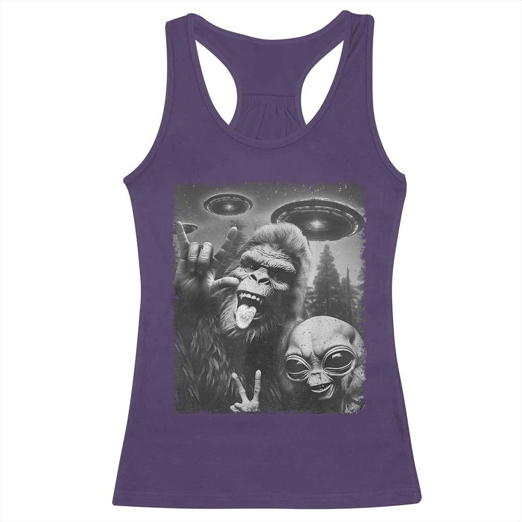 Bigfoot Selfie With Alien Racerback Tank Top UFO Funny Sasquatch Rock On Hand Sign - Print Your Wear