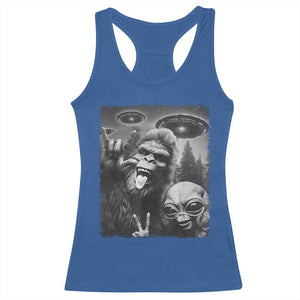 Bigfoot Selfie With Alien Racerback Tank Top UFO Funny Sasquatch Rock On Hand Sign - Print Your Wear