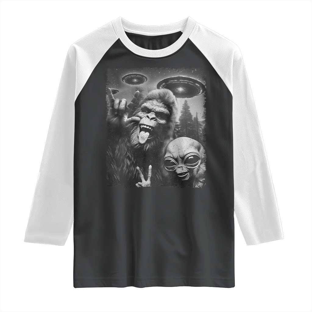 Bigfoot Selfie With Alien Raglan Shirt UFO Funny Sasquatch Rock On Hand Sign TS10 Black White Print Your Wear