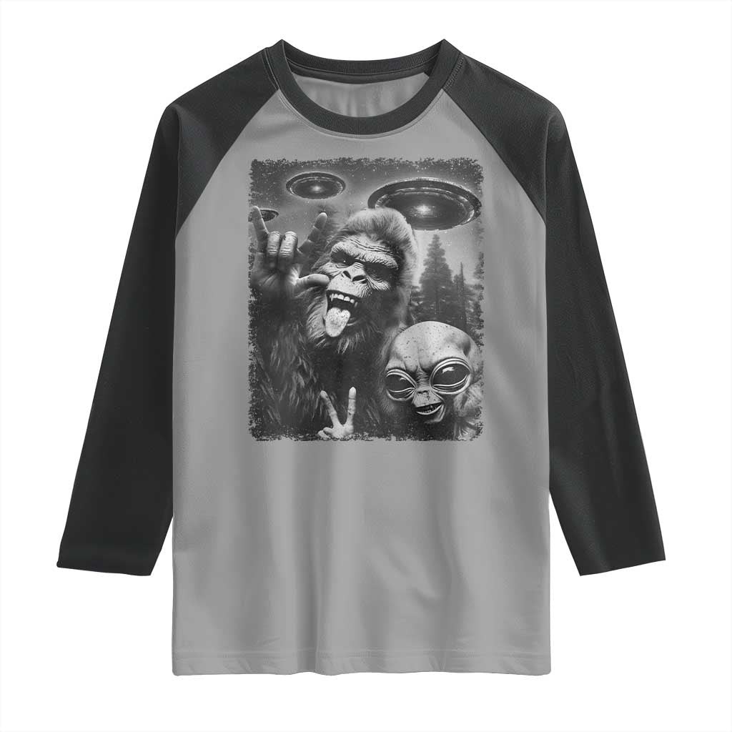 Bigfoot Selfie With Alien Raglan Shirt UFO Funny Sasquatch Rock On Hand Sign TS10 Sport Gray Black Print Your Wear