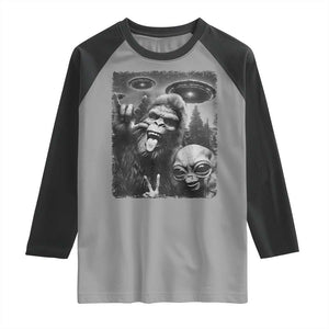 Bigfoot Selfie With Alien Raglan Shirt UFO Funny Sasquatch Rock On Hand Sign TS10 Sport Gray Black Print Your Wear