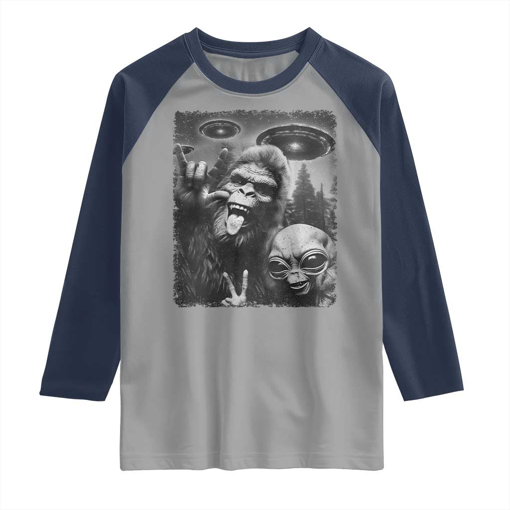 Bigfoot Selfie With Alien Raglan Shirt UFO Funny Sasquatch Rock On Hand Sign TS10 Sport Gray Navy Print Your Wear