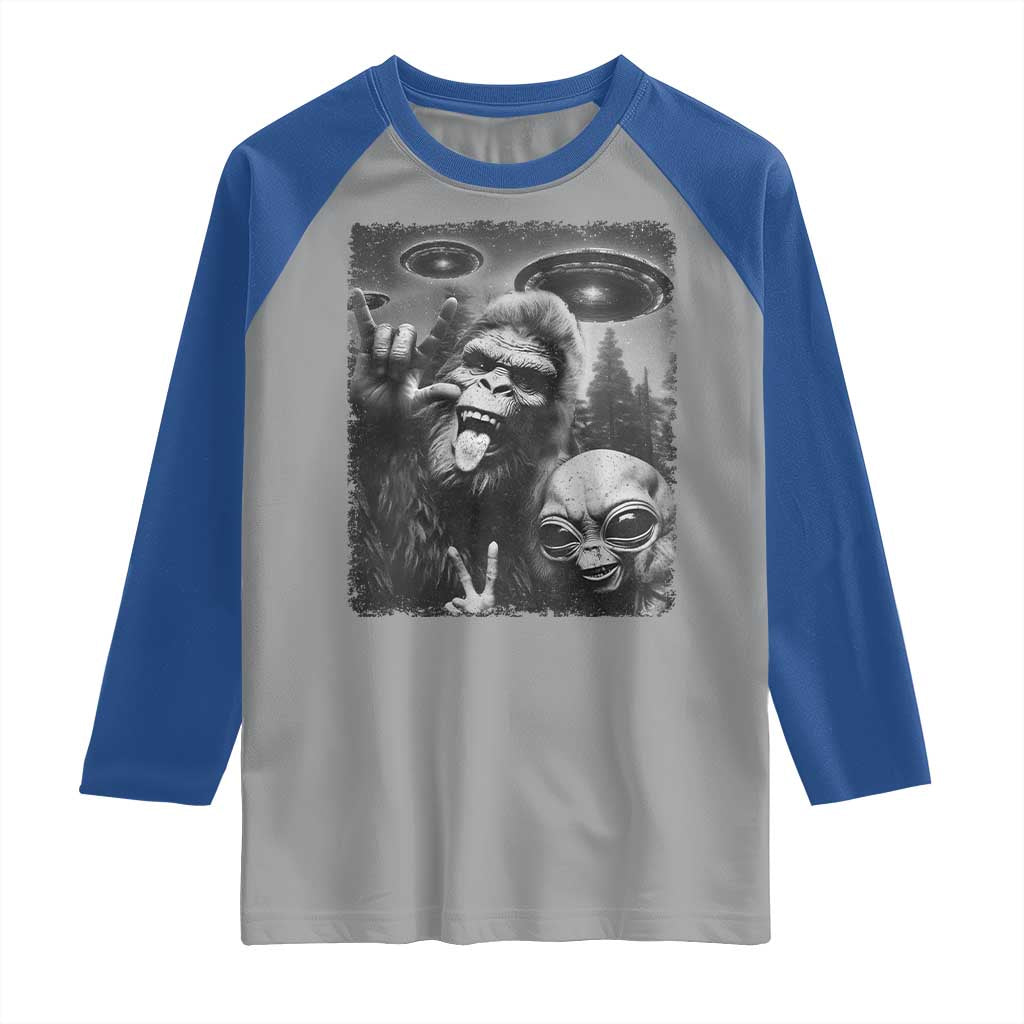 Bigfoot Selfie With Alien Raglan Shirt UFO Funny Sasquatch Rock On Hand Sign TS10 Sport Gray Royal Print Your Wear