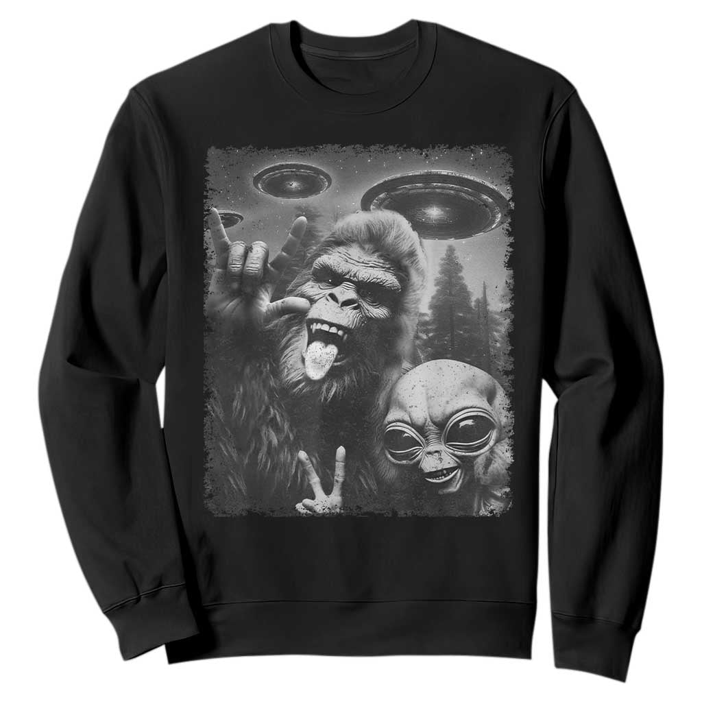Bigfoot Selfie With Alien Sweatshirt UFO Funny Sasquatch Rock On Hand Sign TS10 Black Print Your Wear