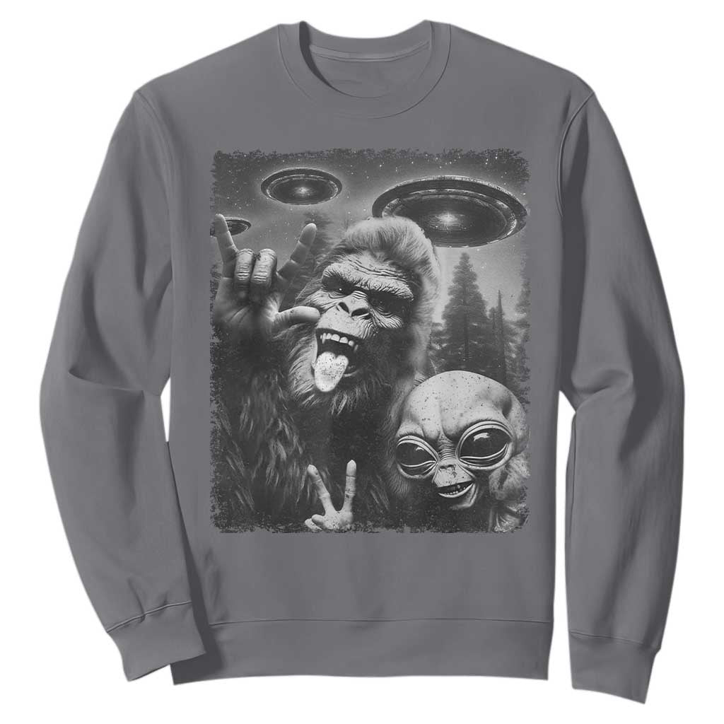 Bigfoot Selfie With Alien Sweatshirt UFO Funny Sasquatch Rock On Hand Sign TS10 Charcoal Print Your Wear