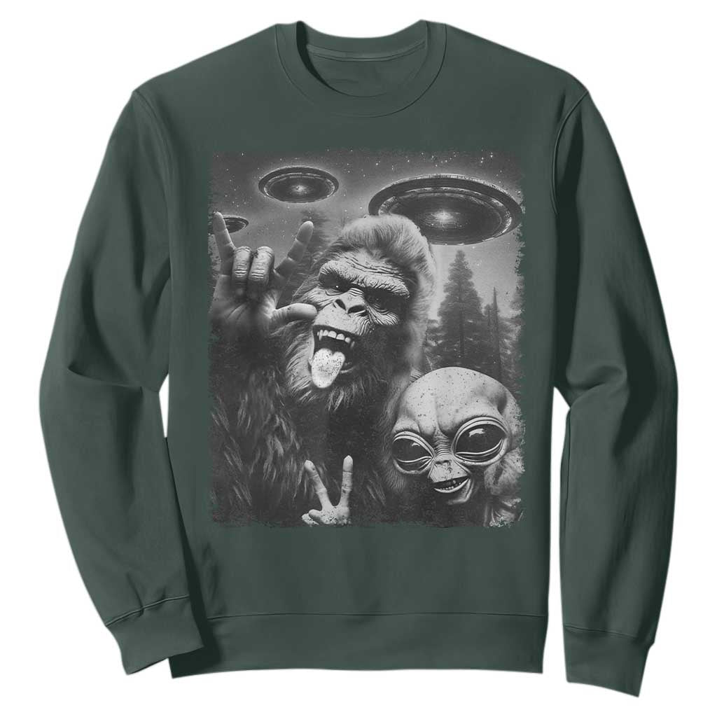 Bigfoot Selfie With Alien Sweatshirt UFO Funny Sasquatch Rock On Hand Sign TS10 Dark Forest Green Print Your Wear