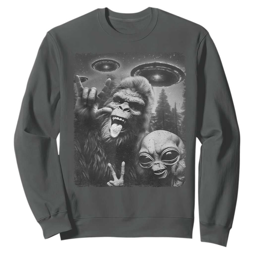 Bigfoot Selfie With Alien Sweatshirt UFO Funny Sasquatch Rock On Hand Sign TS10 Dark Heather Print Your Wear