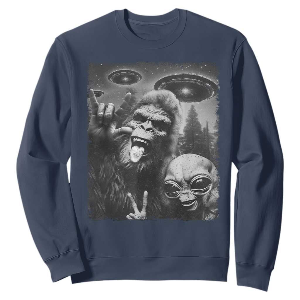 Bigfoot Selfie With Alien Sweatshirt UFO Funny Sasquatch Rock On Hand Sign TS10 Navy Print Your Wear