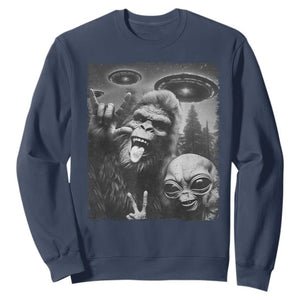 Bigfoot Selfie With Alien Sweatshirt UFO Funny Sasquatch Rock On Hand Sign TS10 Navy Print Your Wear