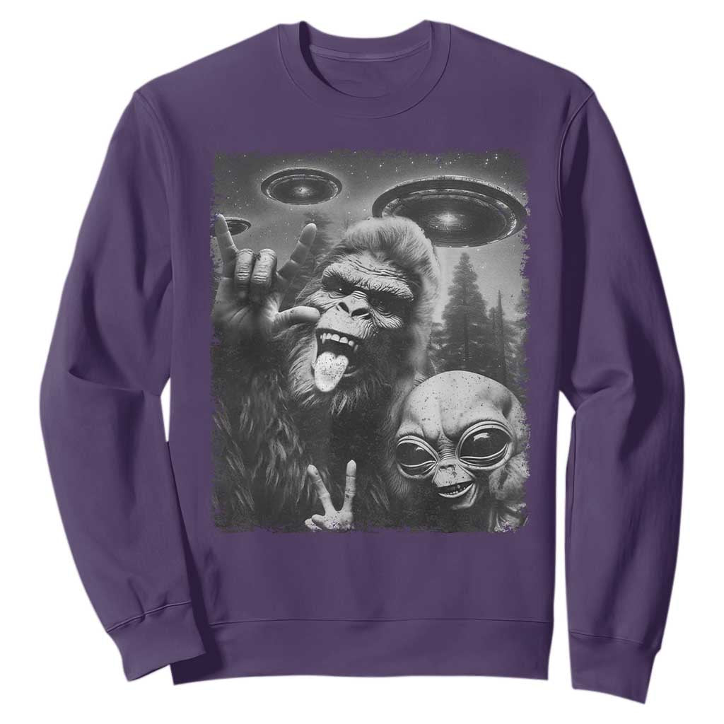 Bigfoot Selfie With Alien Sweatshirt UFO Funny Sasquatch Rock On Hand Sign TS10 Purple Print Your Wear