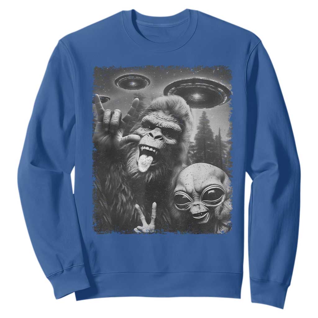 Bigfoot Selfie With Alien Sweatshirt UFO Funny Sasquatch Rock On Hand Sign TS10 Royal Blue Print Your Wear
