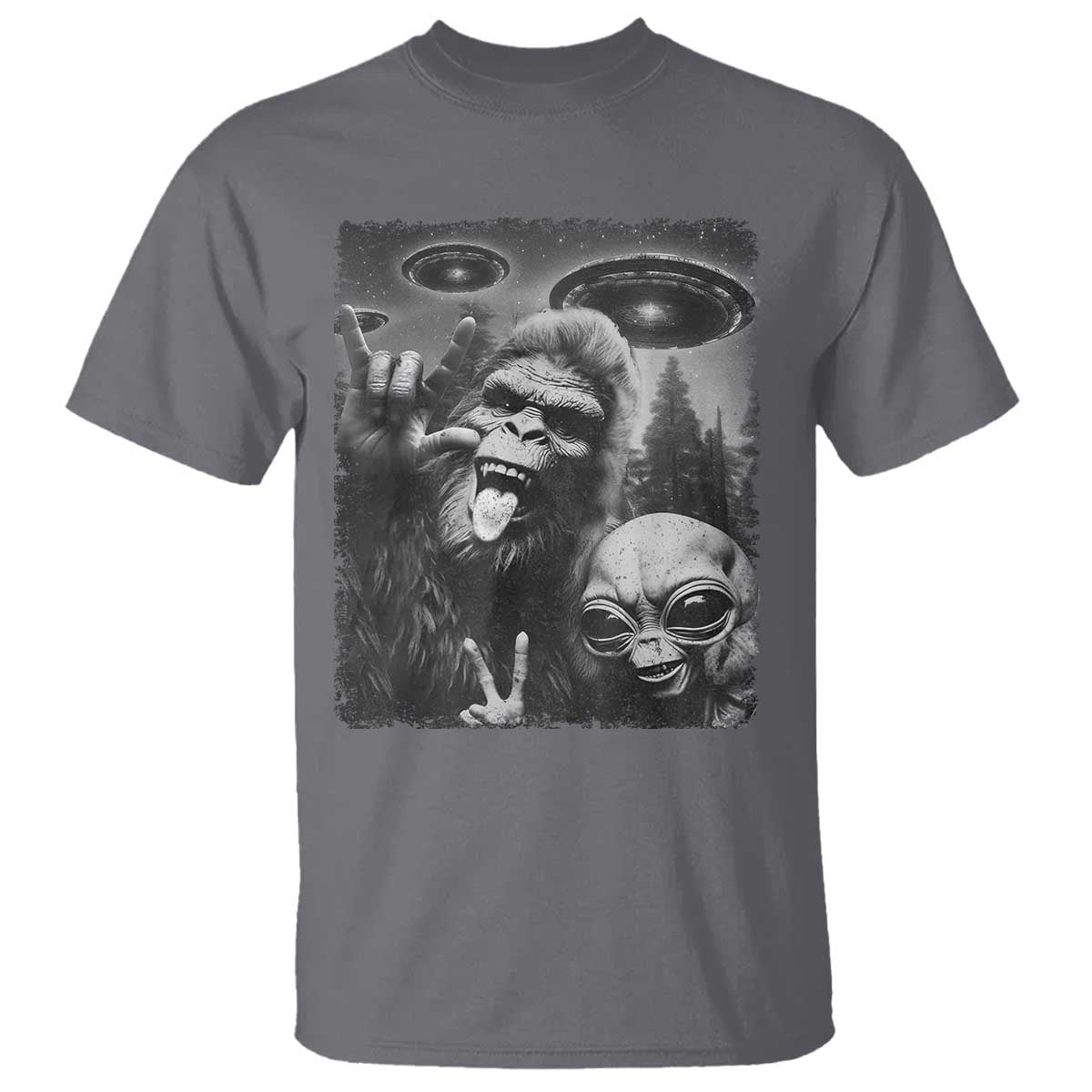 Bigfoot Selfie With Alien T Shirt UFO Funny Sasquatch Rock On Hand Sign TS10 Charcoal Print Your Wear