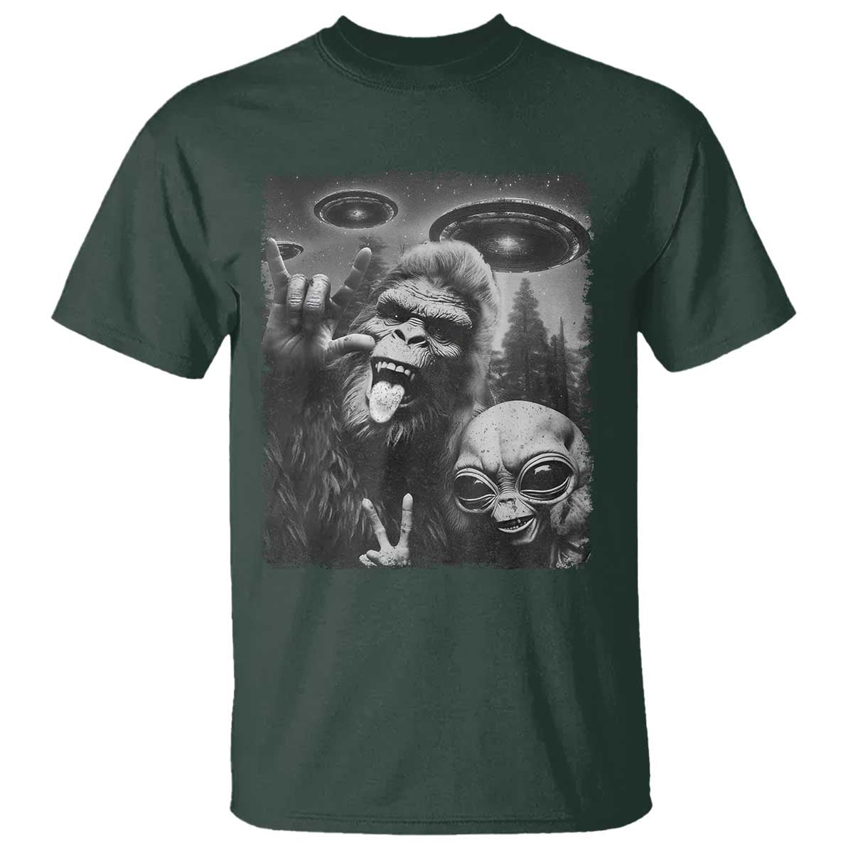Bigfoot Selfie With Alien T Shirt UFO Funny Sasquatch Rock On Hand Sign TS10 Dark Forest Green Print Your Wear
