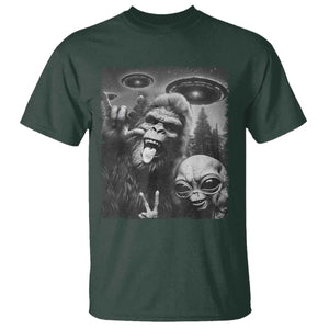 Bigfoot Selfie With Alien T Shirt UFO Funny Sasquatch Rock On Hand Sign TS10 Dark Forest Green Print Your Wear
