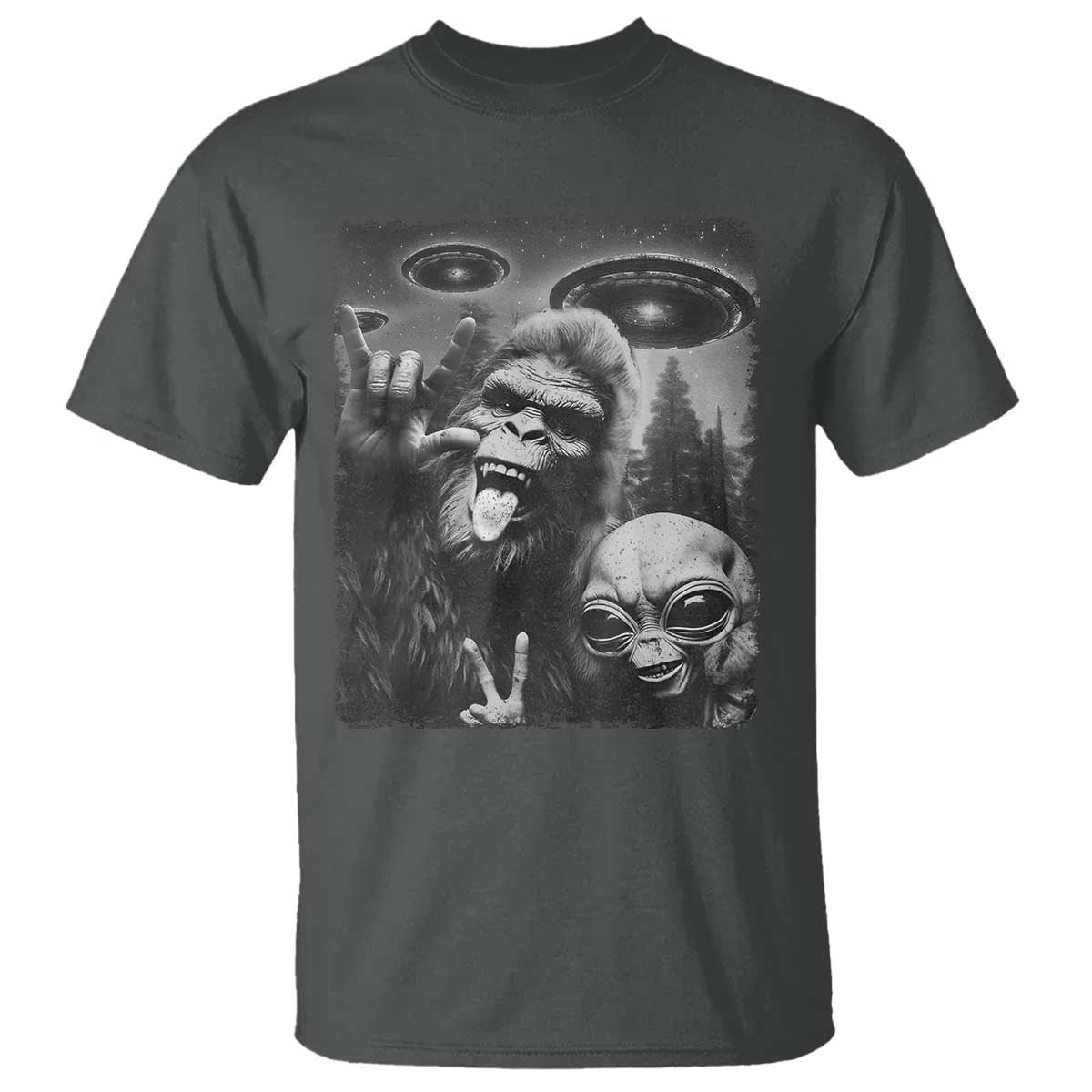 Bigfoot Selfie With Alien T Shirt UFO Funny Sasquatch Rock On Hand Sign TS10 Dark Heather Print Your Wear
