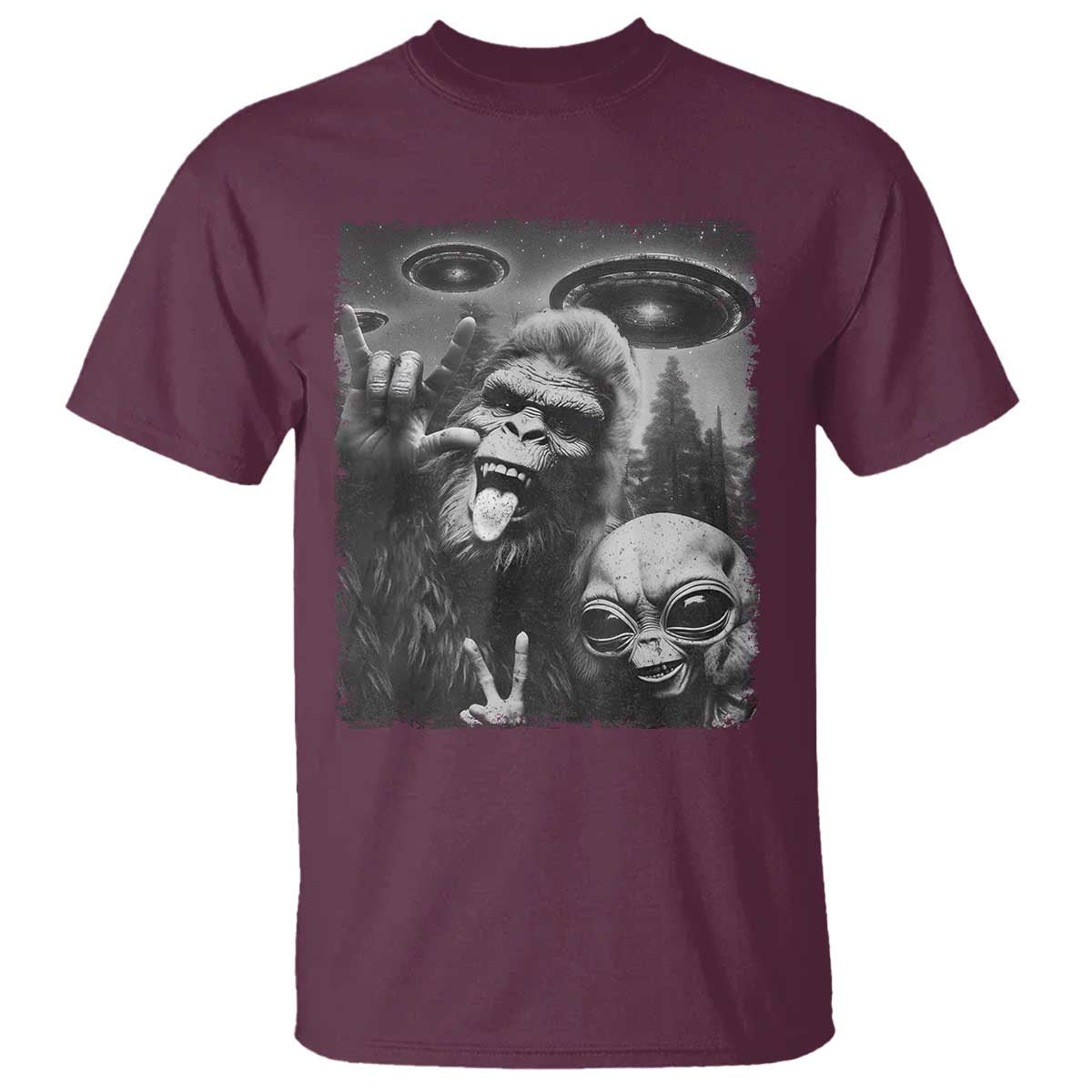 Bigfoot Selfie With Alien T Shirt UFO Funny Sasquatch Rock On Hand Sign TS10 Maroon Print Your Wear