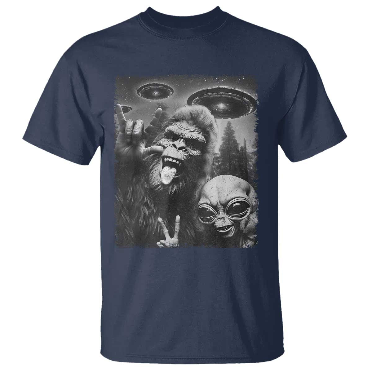 Bigfoot Selfie With Alien T Shirt UFO Funny Sasquatch Rock On Hand Sign TS10 Navy Print Your Wear