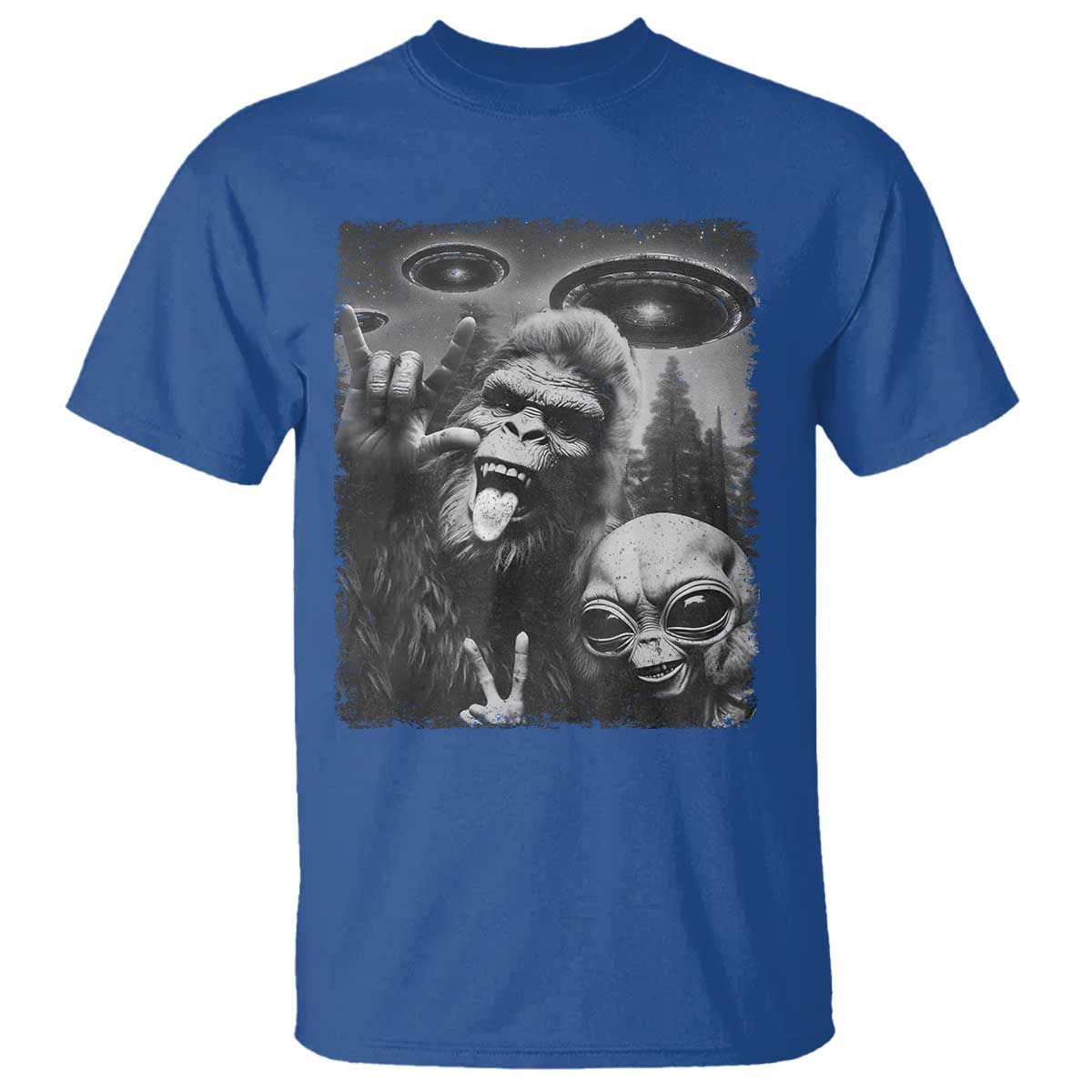 Bigfoot Selfie With Alien T Shirt UFO Funny Sasquatch Rock On Hand Sign TS10 Royal Blue Print Your Wear