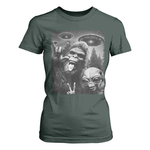 Bigfoot Selfie With Alien T Shirt For Women UFO Funny Sasquatch Rock On Hand Sign TS10 Dark Forest Green Print Your Wear