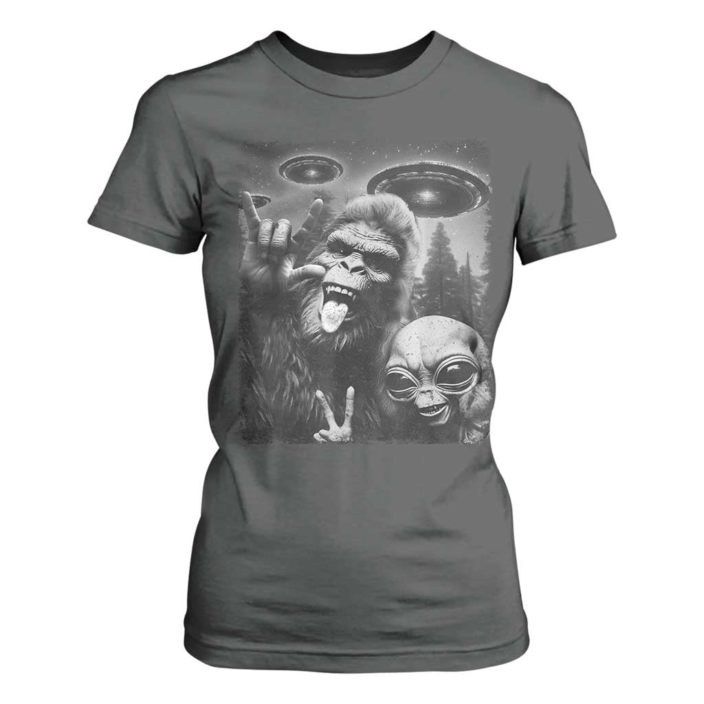 Bigfoot Selfie With Alien T Shirt For Women UFO Funny Sasquatch Rock On Hand Sign TS10 Dark Heather Print Your Wear