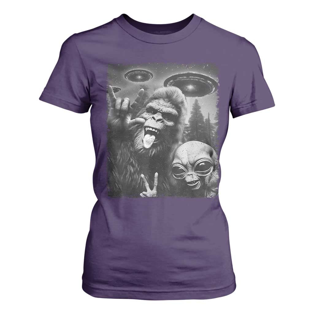 Bigfoot Selfie With Alien T Shirt For Women UFO Funny Sasquatch Rock On Hand Sign TS10 Purple Print Your Wear