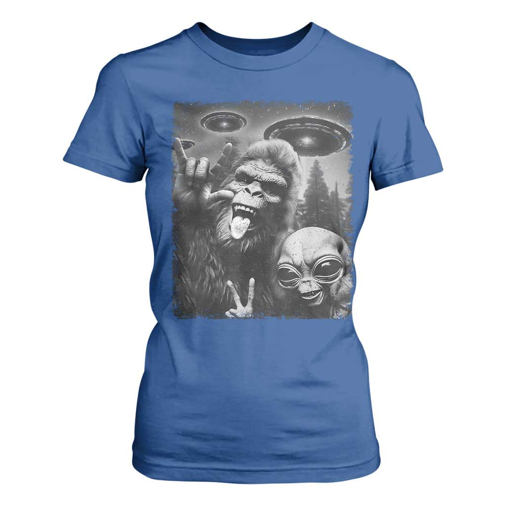 Bigfoot Selfie With Alien T Shirt For Women UFO Funny Sasquatch Rock On Hand Sign TS10 Royal Blue Print Your Wear