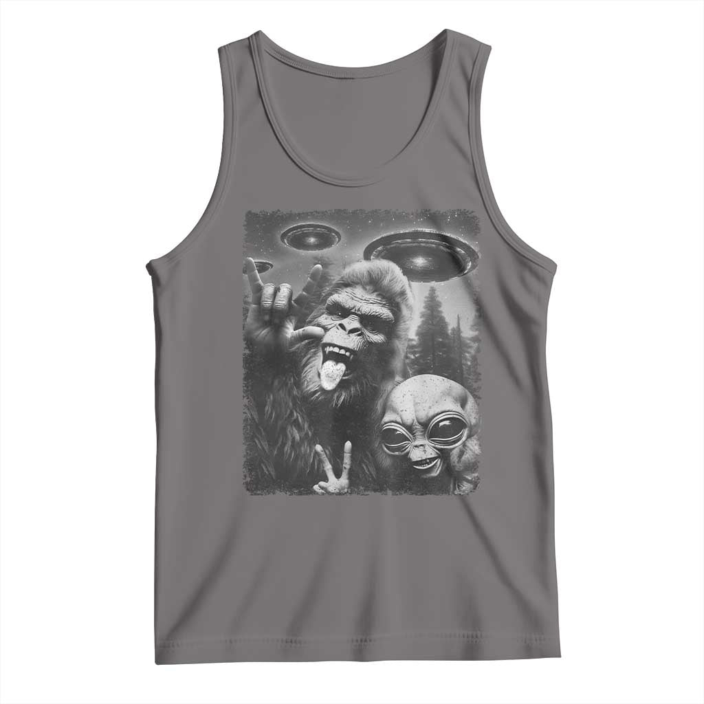 Bigfoot Selfie With Alien Tank Top UFO Funny Sasquatch Rock On Hand Sign TS10 Deep Heather Print Your Wear