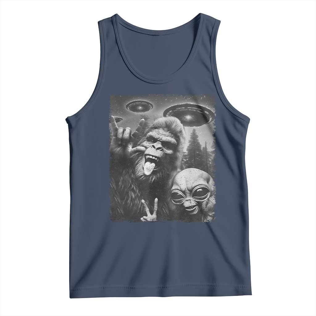 Bigfoot Selfie With Alien Tank Top UFO Funny Sasquatch Rock On Hand Sign TS10 Navy Print Your Wear