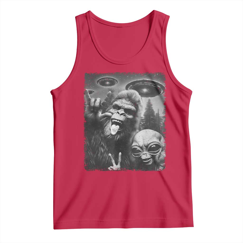 Bigfoot Selfie With Alien Tank Top UFO Funny Sasquatch Rock On Hand Sign - Print Your Wear