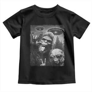 Bigfoot Selfie With Alien Toddler T Shirt UFO Funny Sasquatch Rock On Hand Sign TS10 Black Print Your Wear