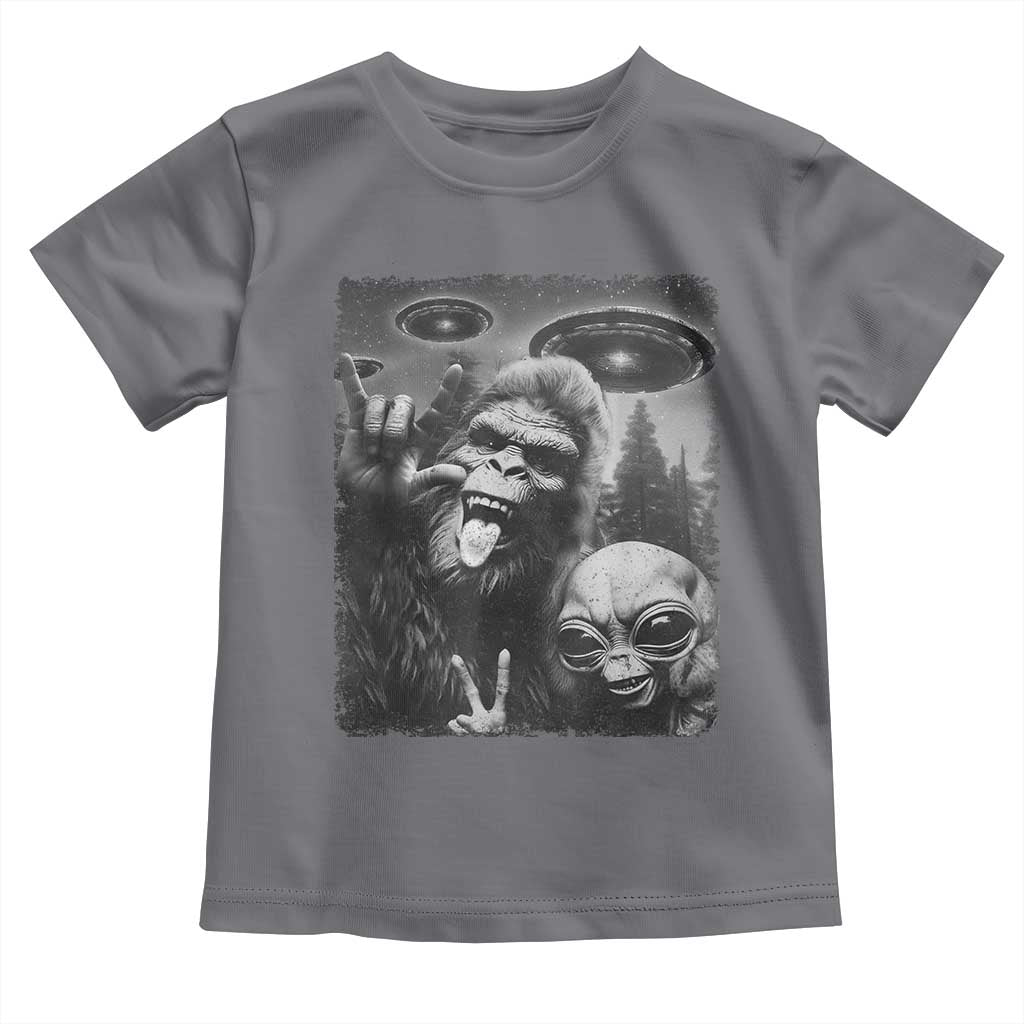 Bigfoot Selfie With Alien Toddler T Shirt UFO Funny Sasquatch Rock On Hand Sign TS10 Charcoal Print Your Wear