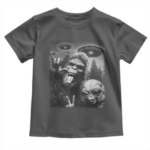 Bigfoot Selfie With Alien Toddler T Shirt UFO Funny Sasquatch Rock On Hand Sign TS10 Dark Heather Print Your Wear