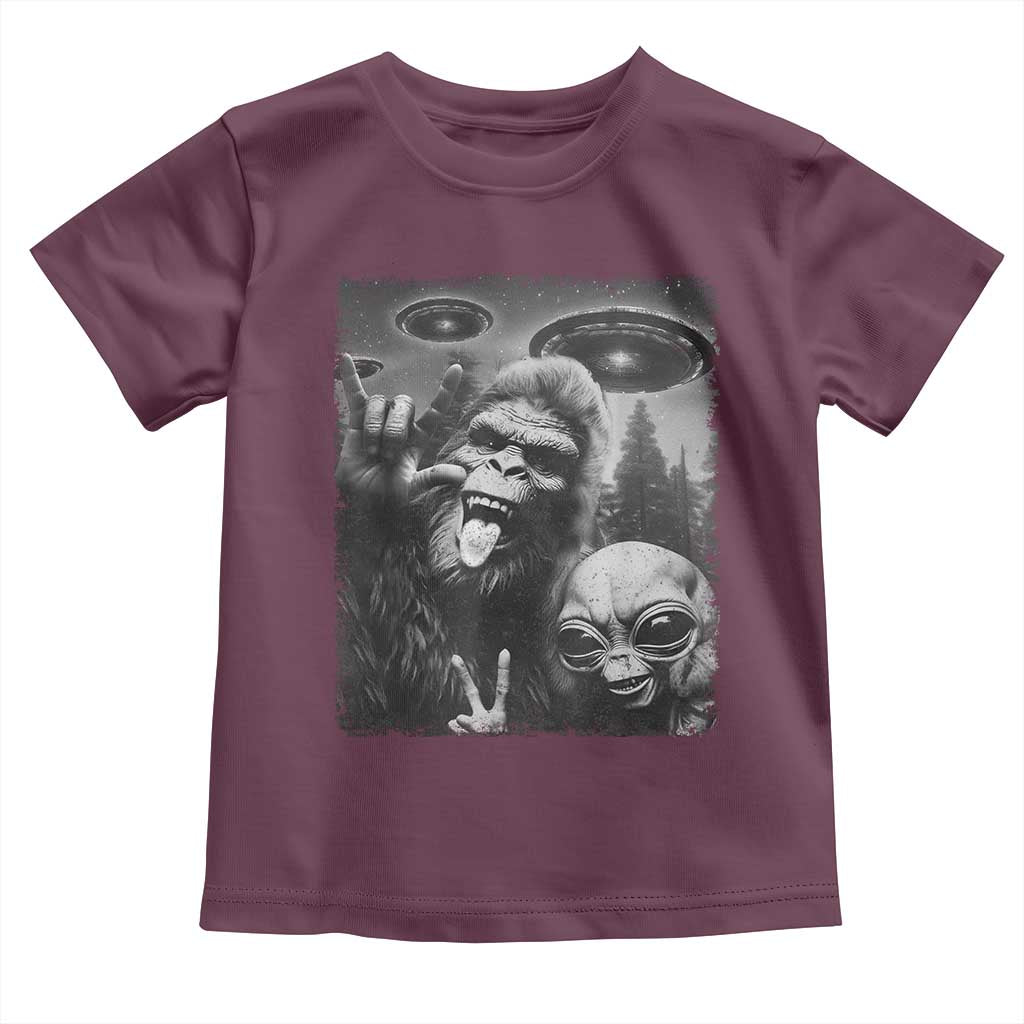 Bigfoot Selfie With Alien Toddler T Shirt UFO Funny Sasquatch Rock On Hand Sign TS10 Maroon Print Your Wear