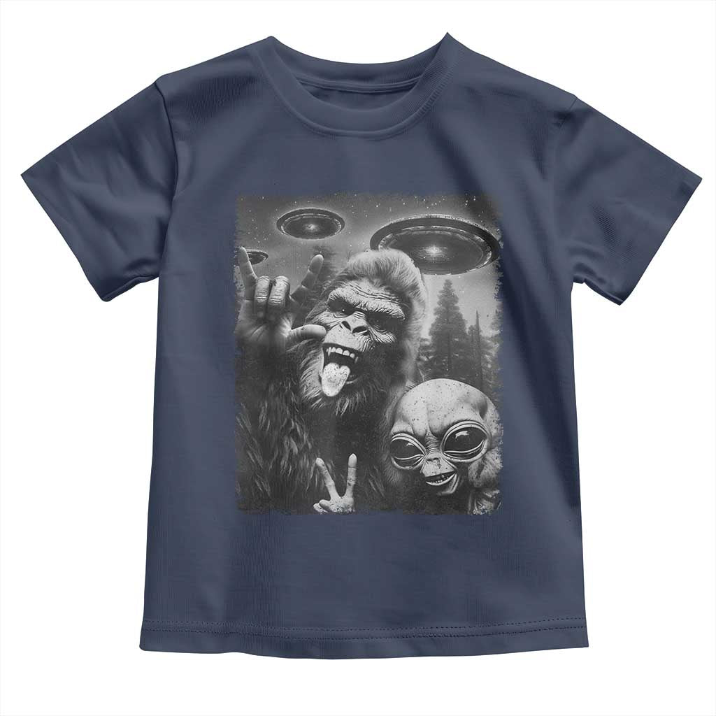 Bigfoot Selfie With Alien Toddler T Shirt UFO Funny Sasquatch Rock On Hand Sign TS10 Navy Print Your Wear