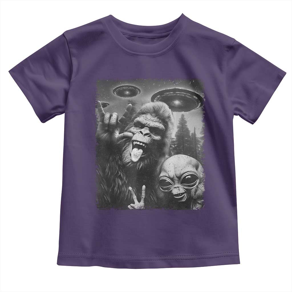 Bigfoot Selfie With Alien Toddler T Shirt UFO Funny Sasquatch Rock On Hand Sign TS10 Purple Print Your Wear