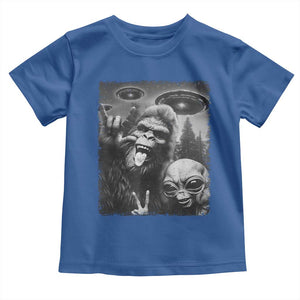 Bigfoot Selfie With Alien Toddler T Shirt UFO Funny Sasquatch Rock On Hand Sign TS10 Royal Blue Print Your Wear