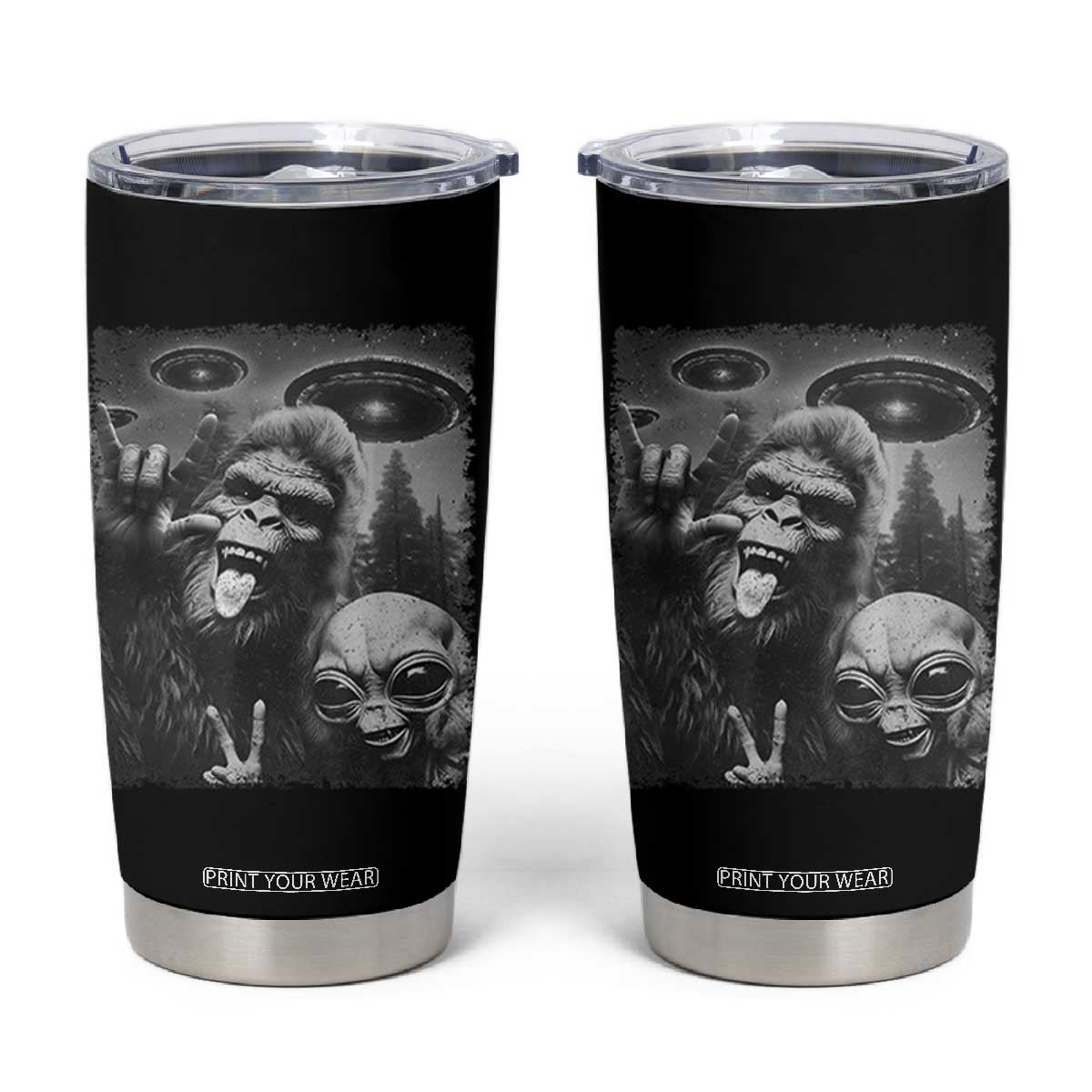 Bigfoot Selfie With Alien Tumbler Cup UFO Funny Sasquatch Rock On Hand Sign TS10 Black Print Your Wear