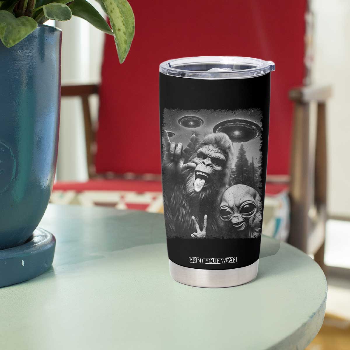 Bigfoot Selfie With Alien Tumbler Cup UFO Funny Sasquatch Rock On Hand Sign TS10 Print Your Wear